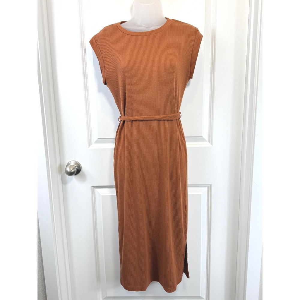ALYA Women Rust Orange Ribbed Knit Midi Dress Sleeveless M Boho Bodycon Modest